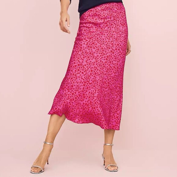 Loft Bias Midi Skirt Size M Pink Red All Over Heart Print Y2K 90s Flowy Romantic - Picture 1 of 13